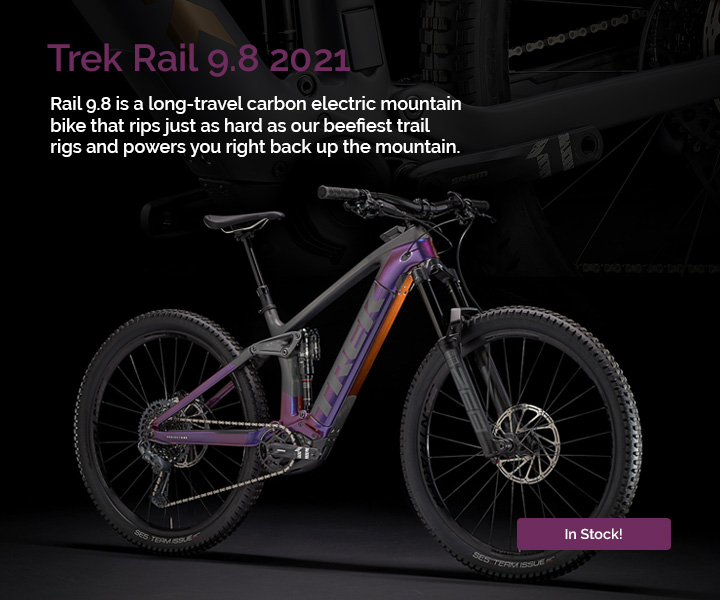 Trek Rail 9.8 is a long-travel carbon electric mountain bike that rips just as hard as our beefiest trail rigs and powers you right back up the mountain.